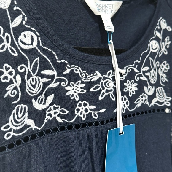 MARKET & SPRUCE STITCH FIX Linen Blend Tank Top Embroidered Blouse Sz XS/S Navy - Picture 4 of 9